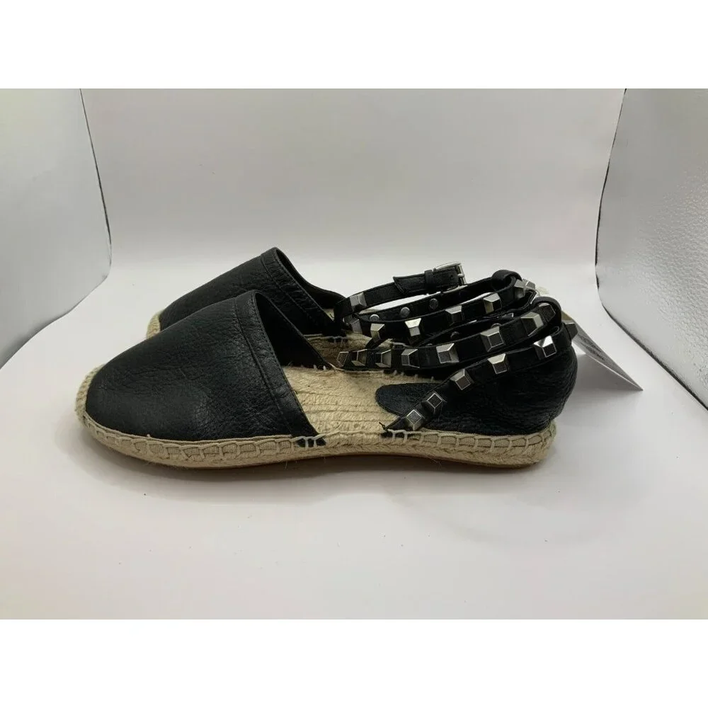 Rebecca Minkoff Black Leather Studded Strap Espadrilles Flats, Size 6
